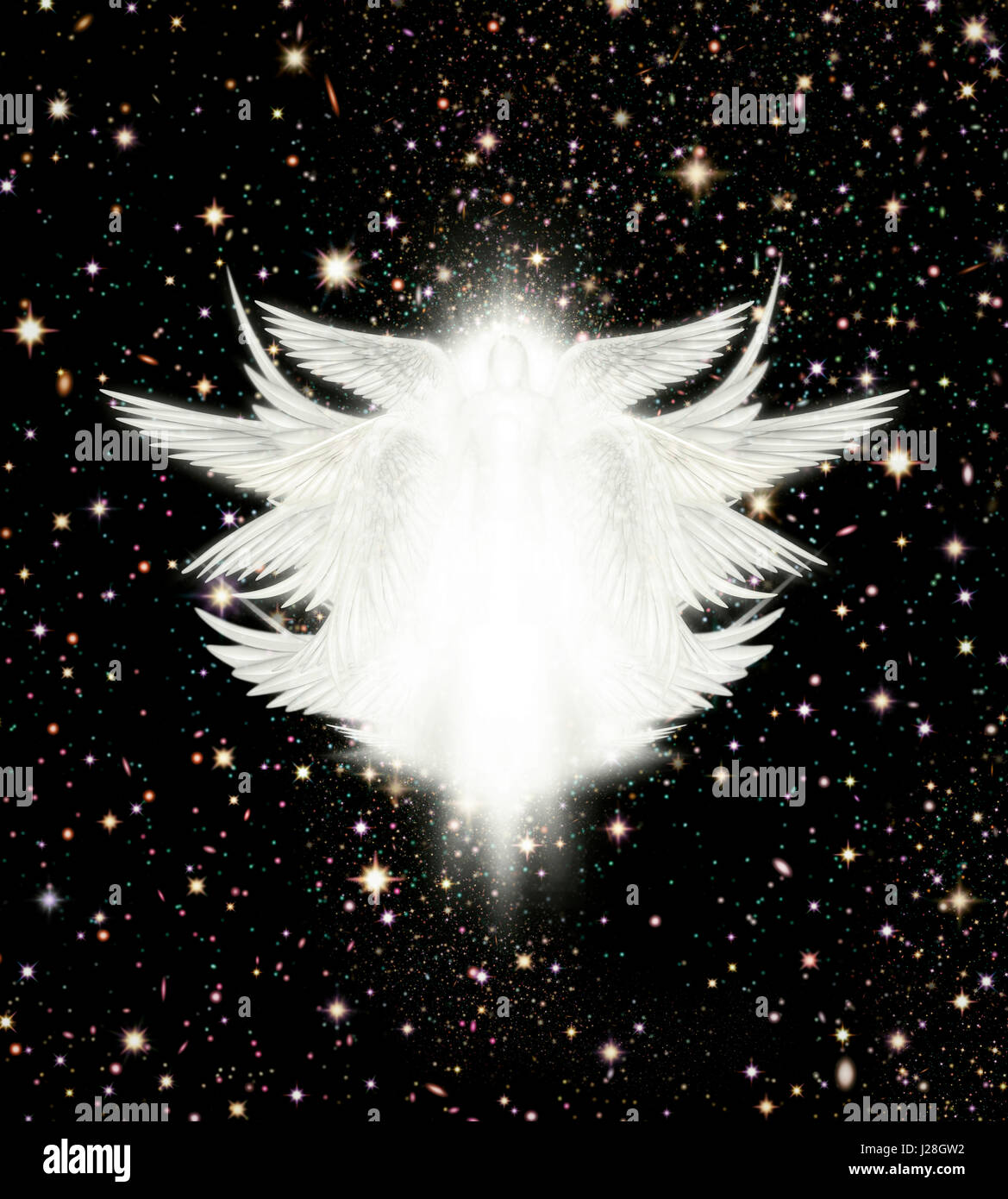 Dichiarazioni interpretative illustrazione digitale di un arcangelo nel cielo notturno. Foto Stock