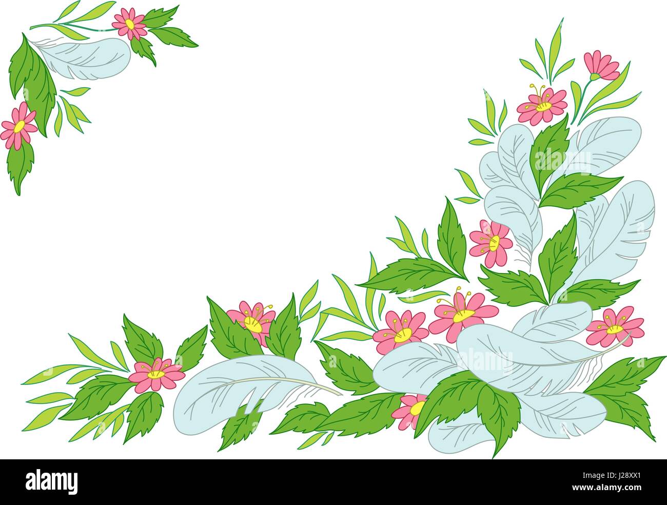 Abstract estate sfondo: foglie, fiori e piume sul bianco Illustrazione Vettoriale
