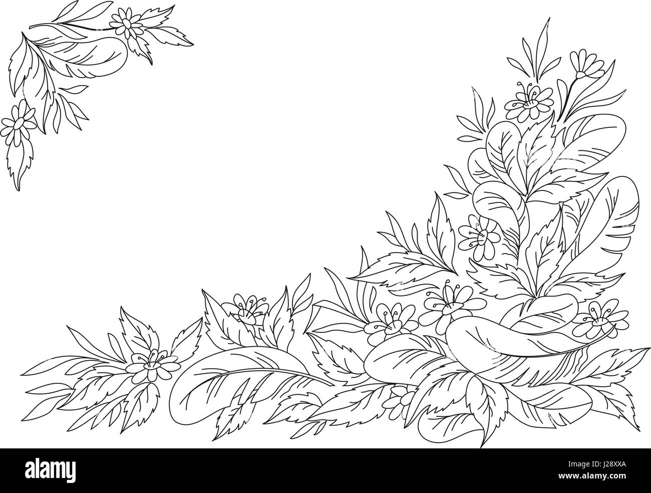 Vettore di astratto, sfondo grafico monocromatico pattern: foglie, fiori e piume Illustrazione Vettoriale