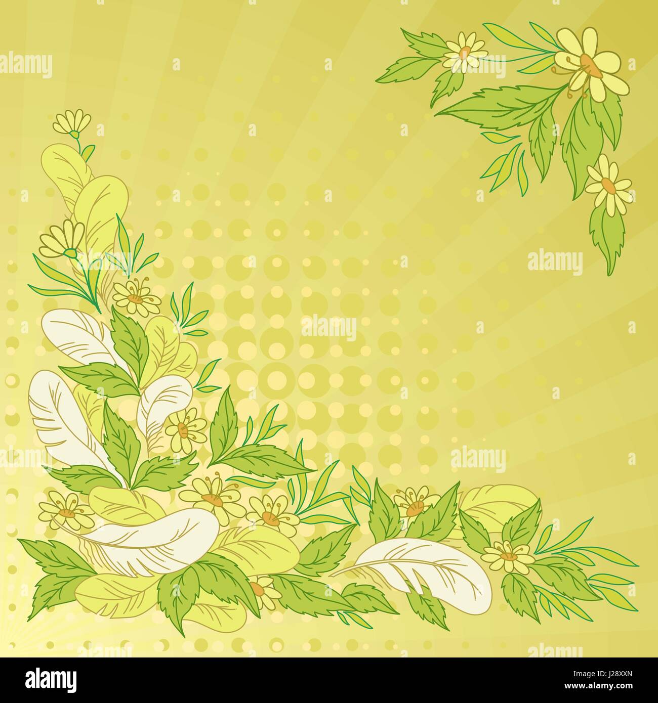 Abstract floral background: foglie, fiori, piume, raggi e cerchi sul verde e giallo. Vettore Illustrazione Vettoriale
