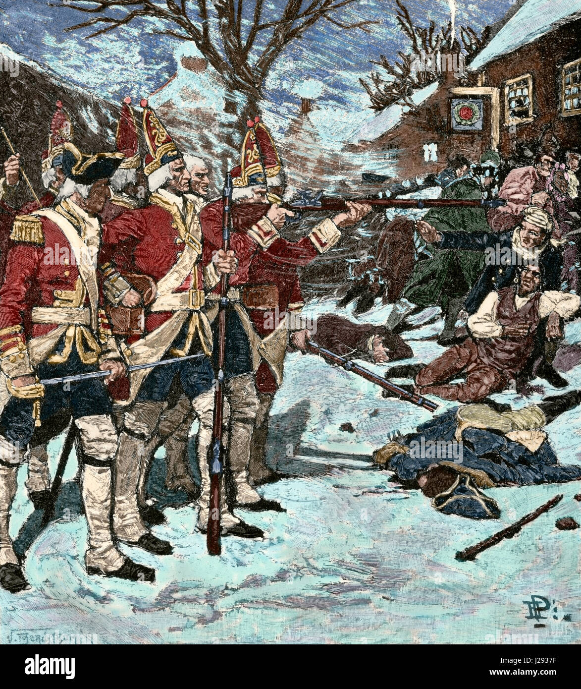La guerra rivoluzionaria americana (1775-1783). Il massacro di Boston o Boston riot (1770). British redcoats ucciso cinque uomini civili. Incisione. Colorati. Foto Stock