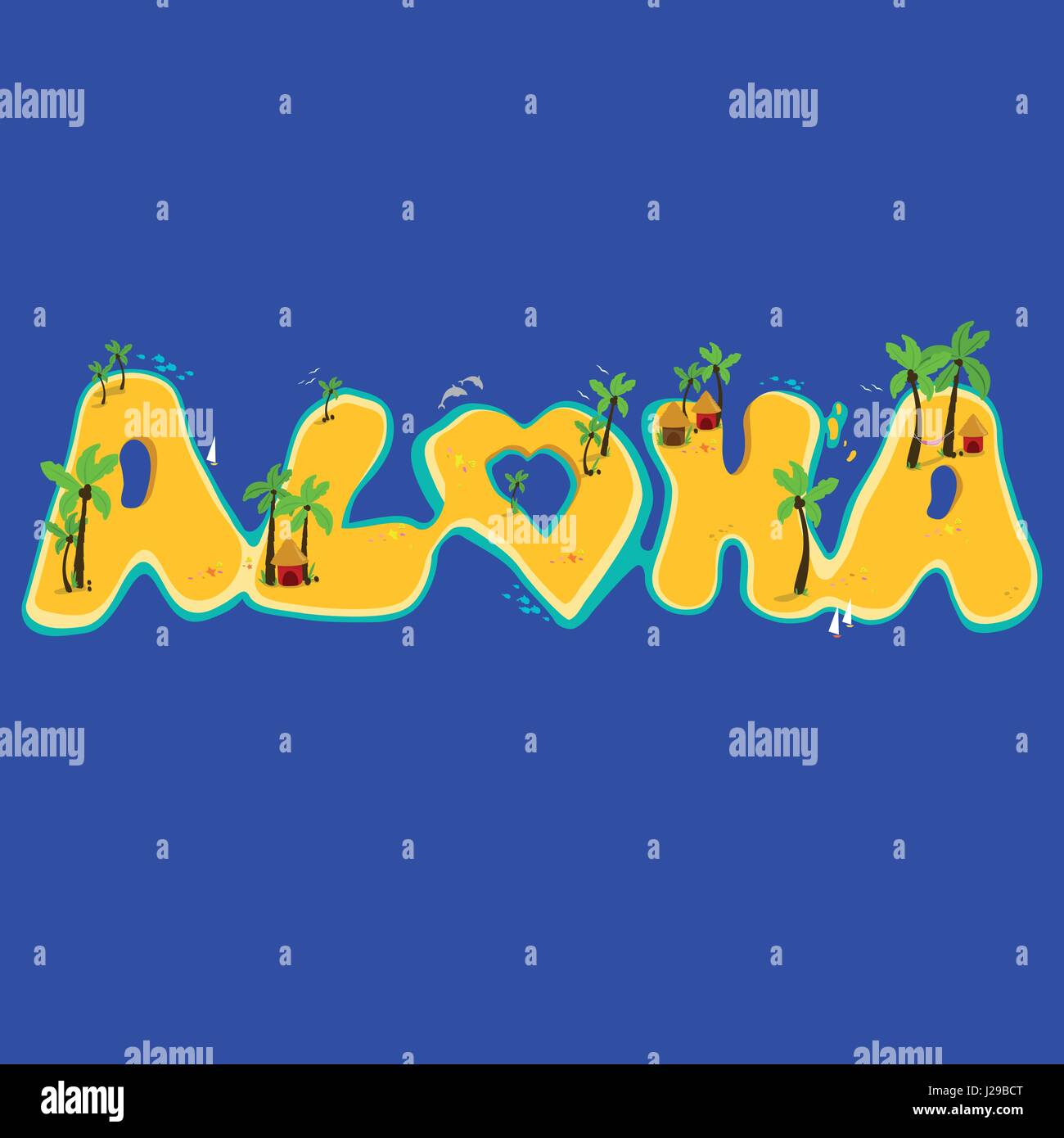 Isole tropicali con palme da cocco, pesci, navi a vela e conchiglie marine. Aloha scrive a mano con isole esotiche. Illustrazione vettoriale Illustrazione Vettoriale