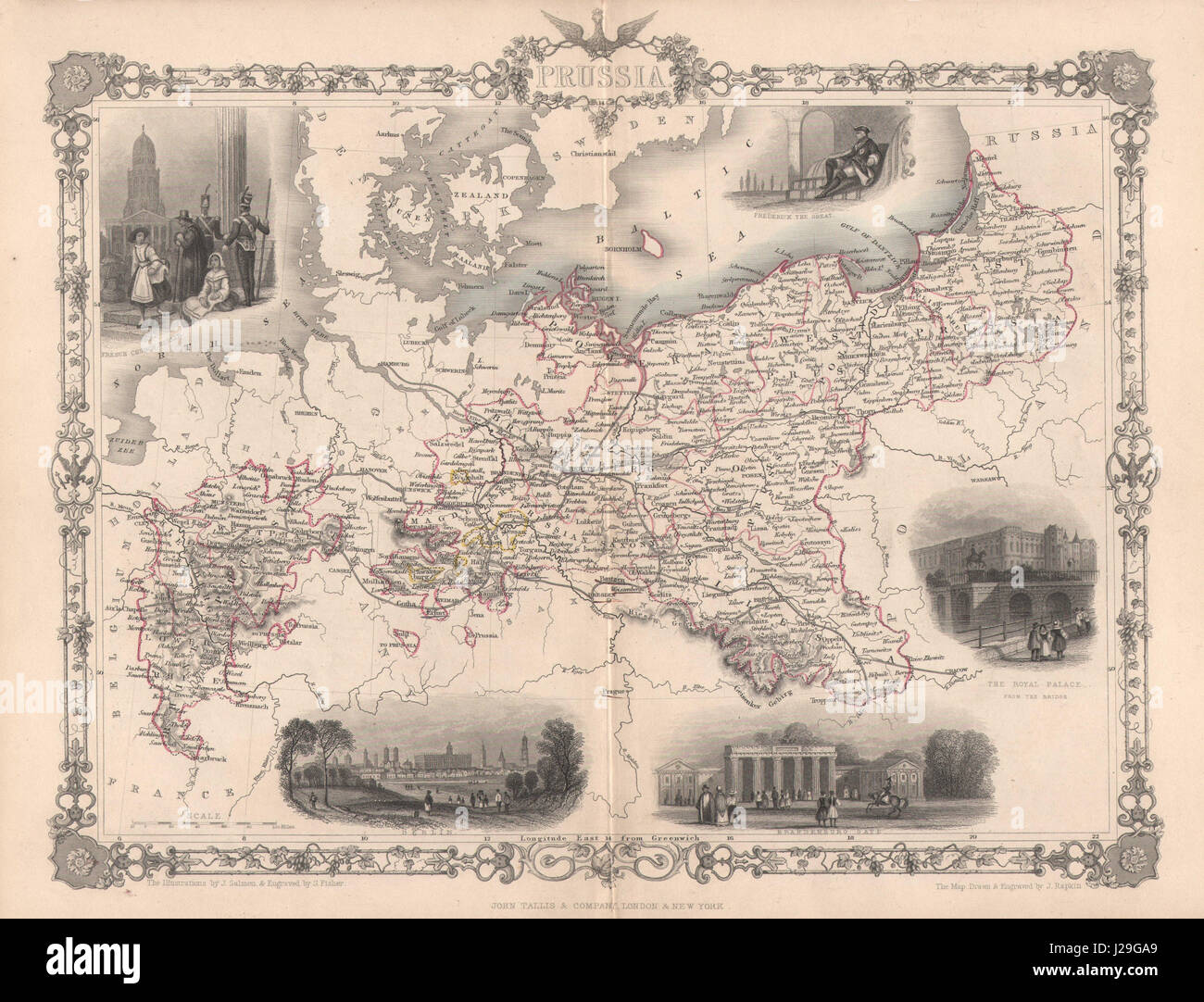 La Prussia/Polonia. Vedute di Berlino e Porta di Brandeburgo.TALLIS/RAPKIN c1851 mappa vecchia Foto Stock