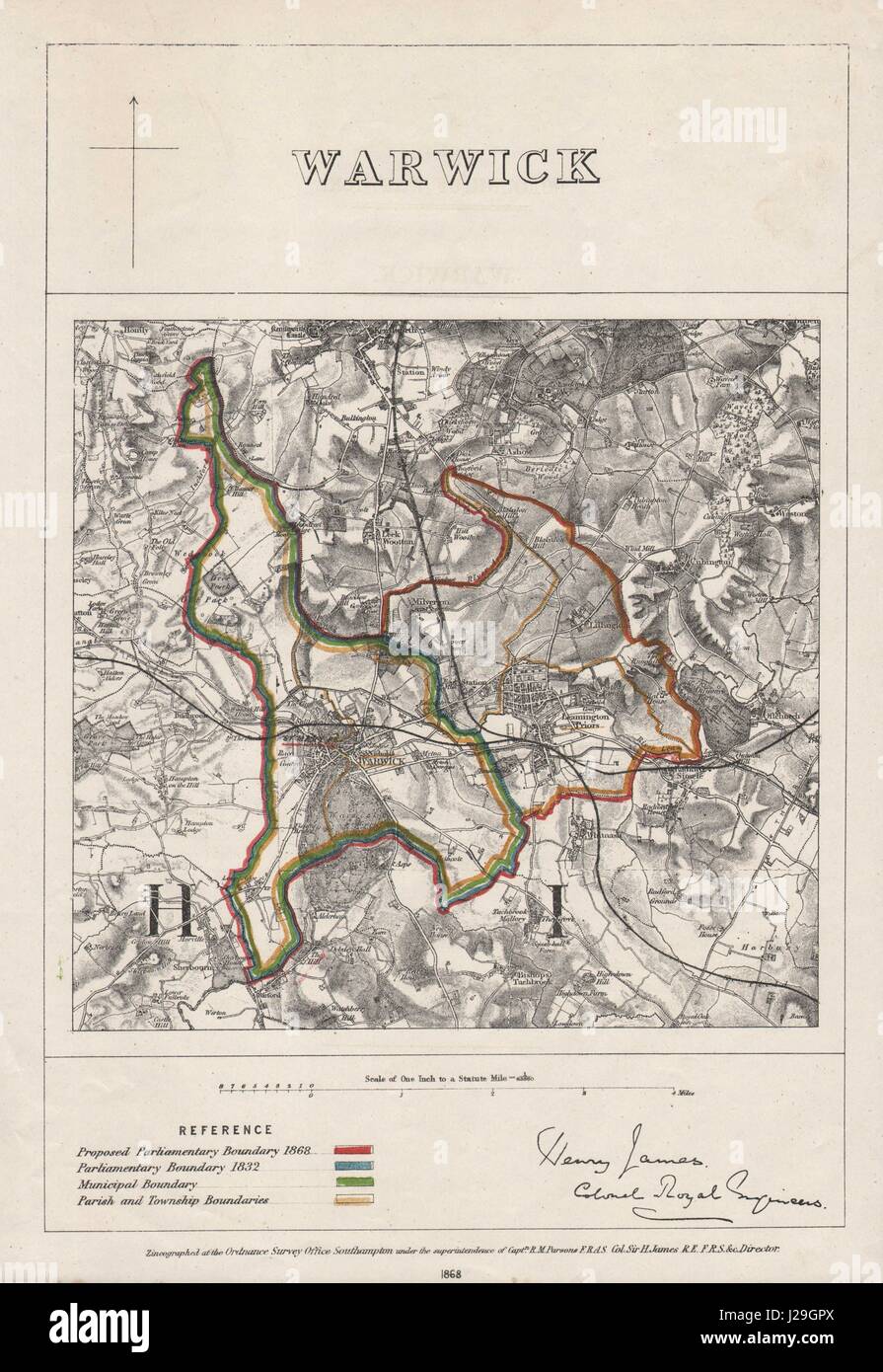 WARWICK & LEAMINGTON PRIORS/SPA piano urbanistico. Della commissione sulla delimitazione dei confini. JAMES 1868 mappa Foto Stock