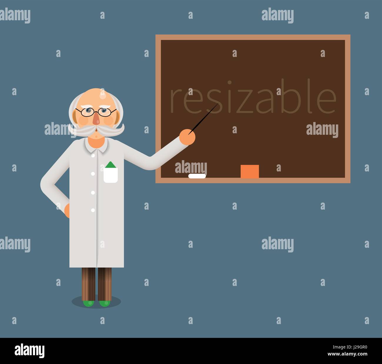 Uno scienziato o un medico professore mostra sulla lavagna le formule o un testo o le statistiche Illustrazione Vettoriale