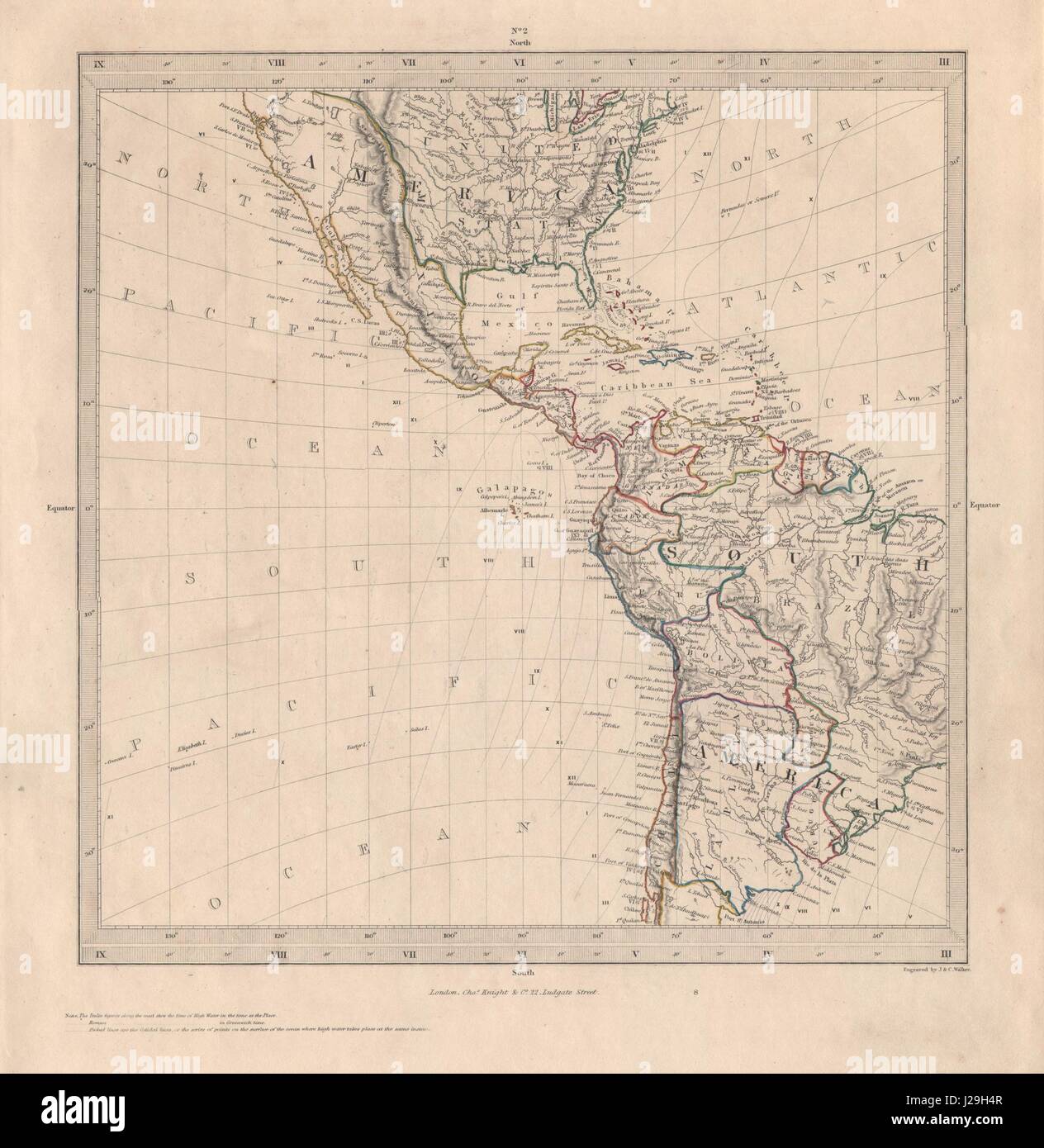 Americhe. Proiezione gnomonica. Texas repubblica confini. Gli Stati Uniti del Messico. SDUK 1846 mappa Foto Stock