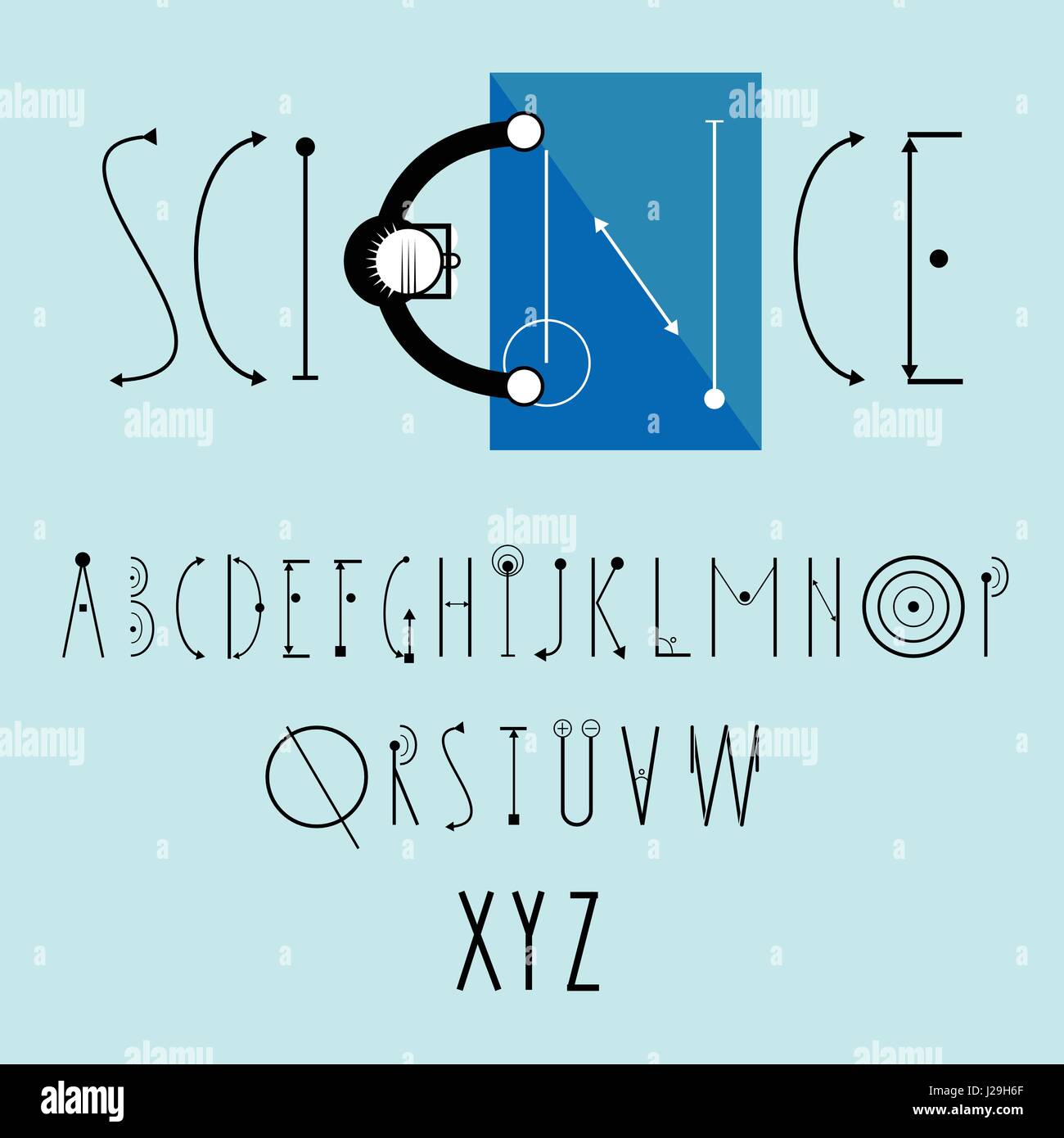 Logo della scienza vettore con il vettore decorativo font. Vista dall'alto - scienziato calvo in bicchieri legge cianografia Illustrazione Vettoriale