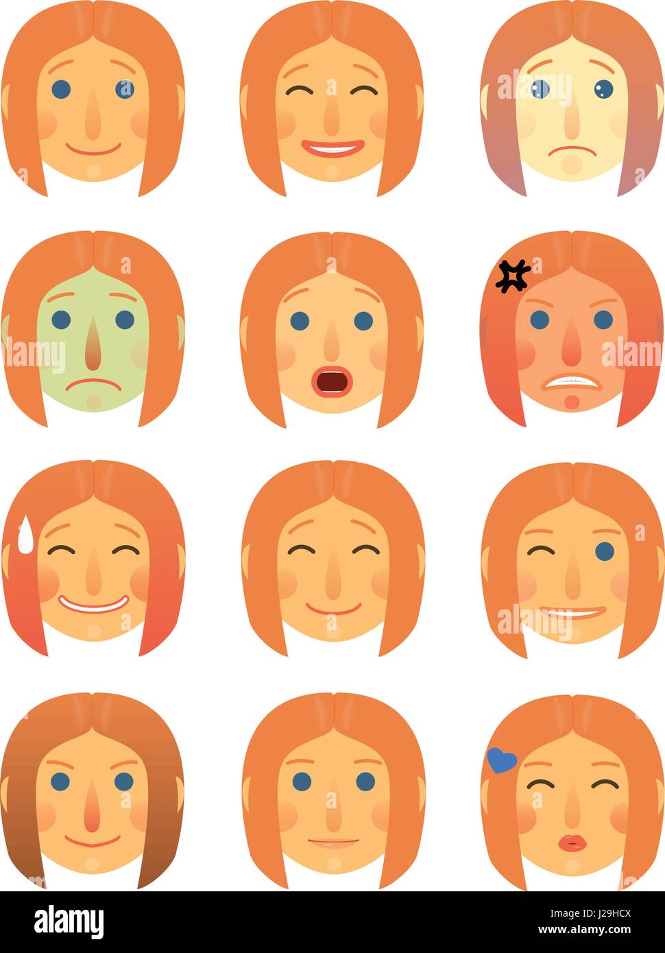Ragazza o donna faccia diverse emozioni collezione cartoon piatto - gli Emoji emoticon icona set di illustrazione. Faccia su uno sfondo bianco, isolata. Illustrazione Vettoriale