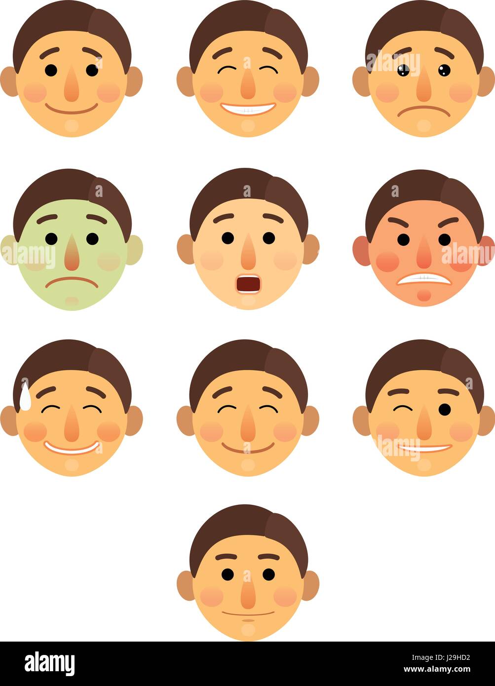 Ragazzo o uomo faccia diverse emozioni collezione cartoon piatto - gli Emoji emoticon icona illustrazione vettoriale set. Faccia su uno sfondo bianco, isolata. Illustrazione Vettoriale