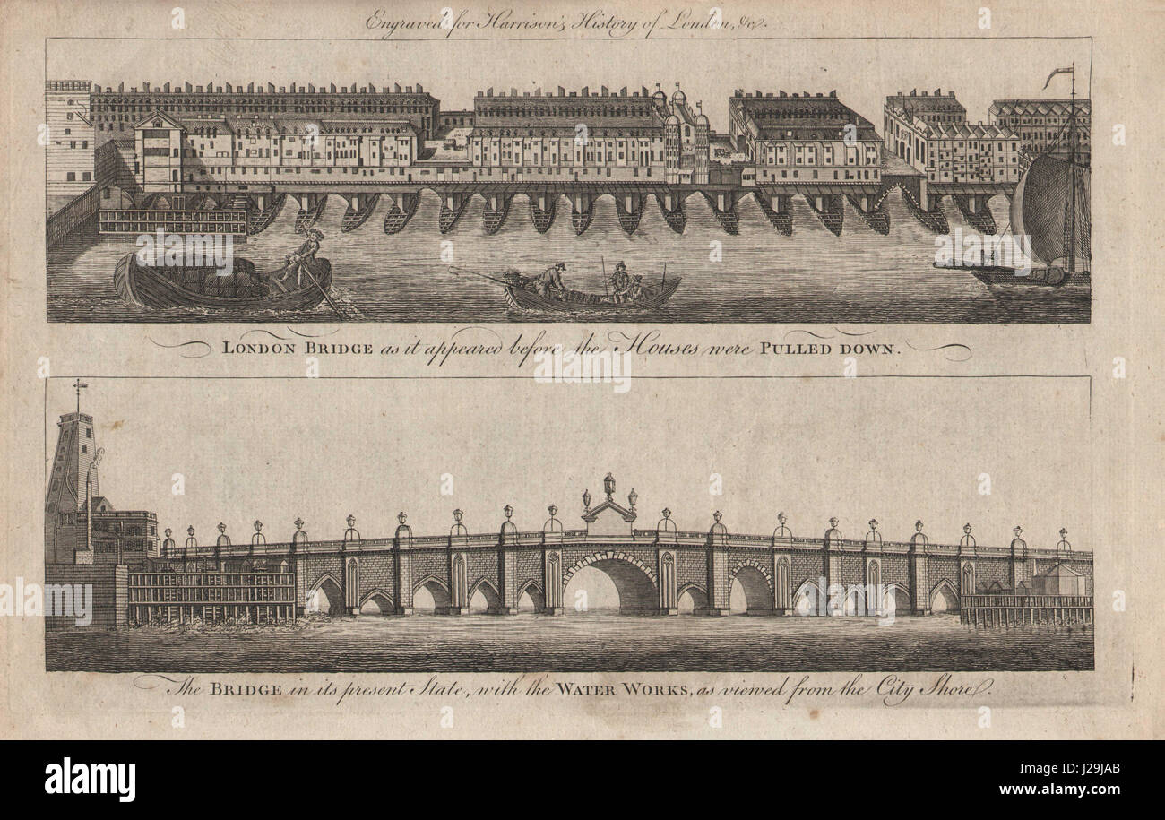 Il vecchio ponte di Londra con case & 'nel suo stato attuale'. HARRISON 1776 stampare Foto Stock