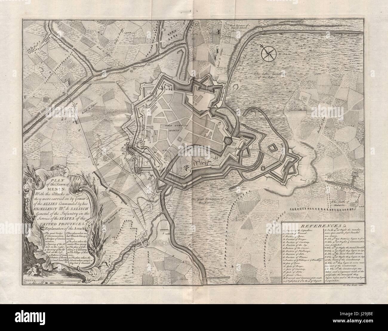 " Il piano della città di Menin'. Assedio di Menen, Belgio 1706. DU BOSC 1737 mappa Foto Stock