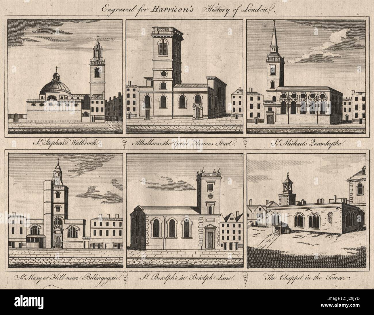 Città chiese di St Stephen Walbrook. St Michael Queenhithe. St Mary a Hill 1776 Foto Stock