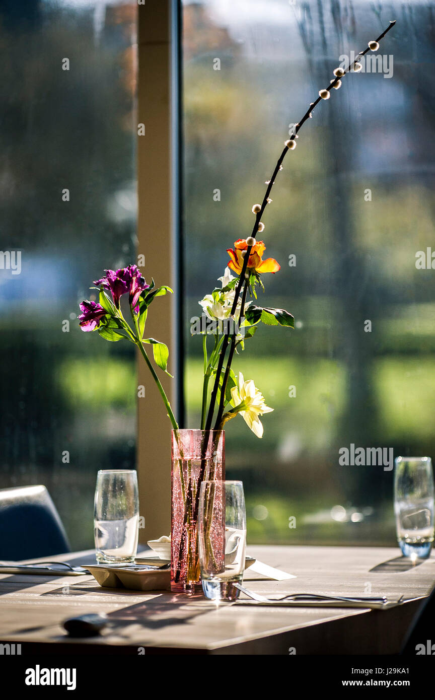Ristorante interno fioriture dei fiori vaso Disposizione tavolo colorato colorato Foto Stock
