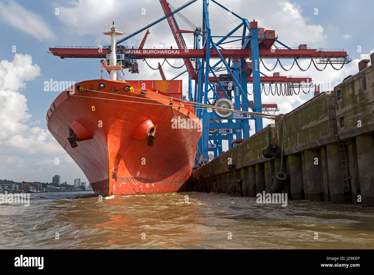 Contenitore nave al containerterminal burchardkai, dal porto di Amburgo, Germania, Europa Foto Stock