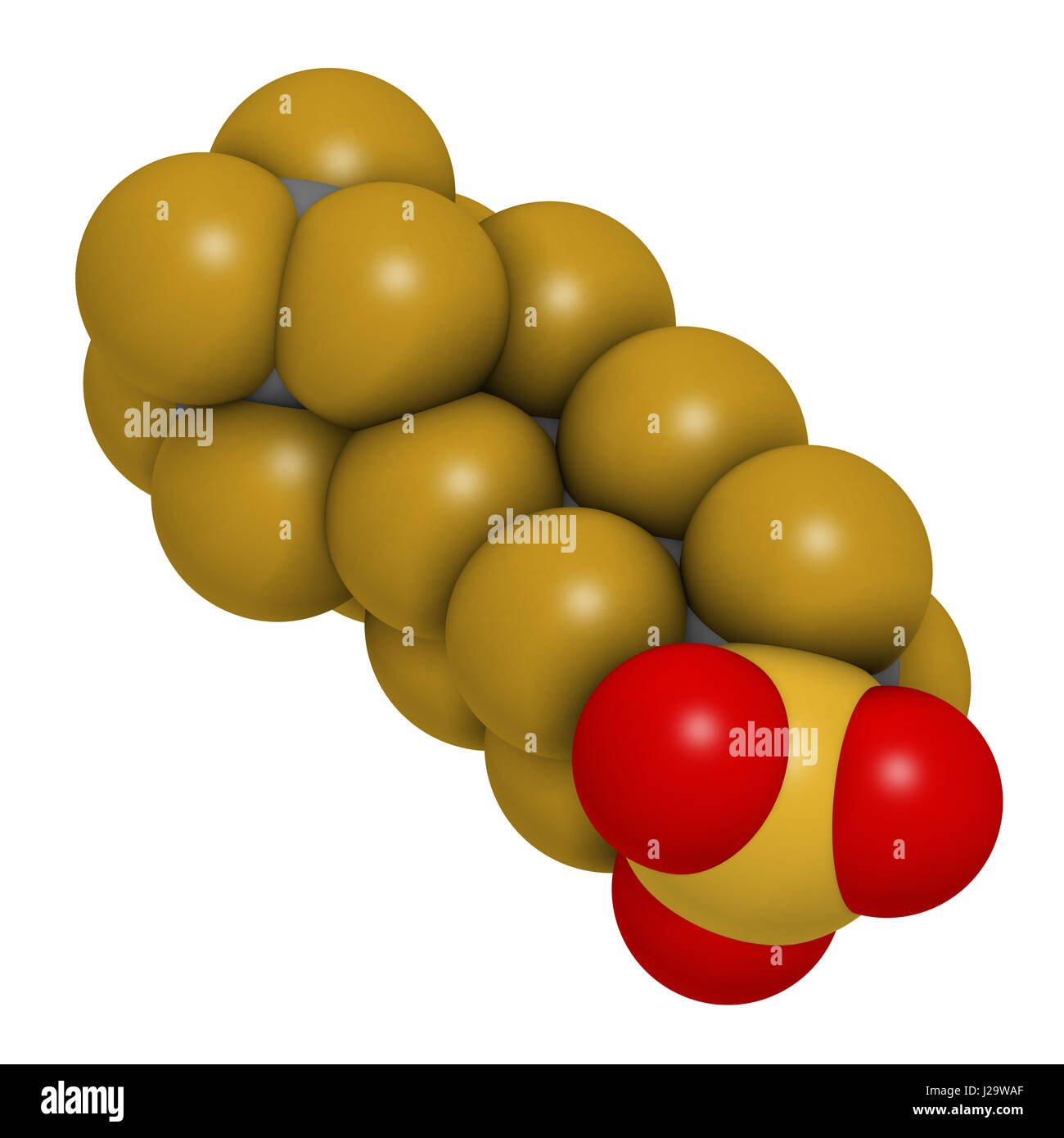 Perfluorooctanesulfonic (acido perfluoroottano solfonato, PFOS) inquinante organico persistente di molecola. Il rendering 3D. Gli atomi sono rappresentati come sfere w Foto Stock