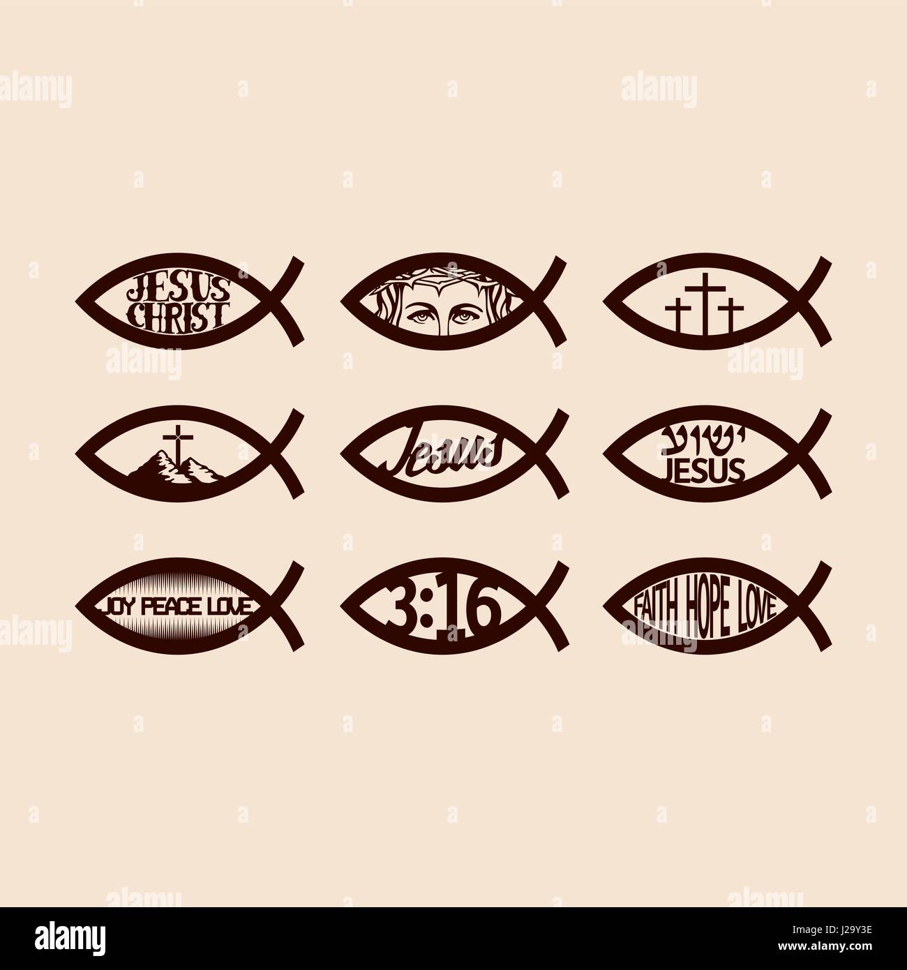 Un set di Christian pesce e simboli biblici Illustrazione Vettoriale