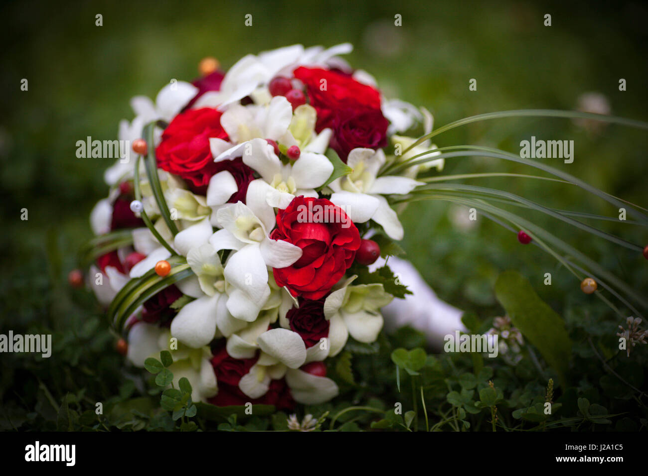 Wedding bouquet di rose rosse sdraiati sull'erba Foto Stock