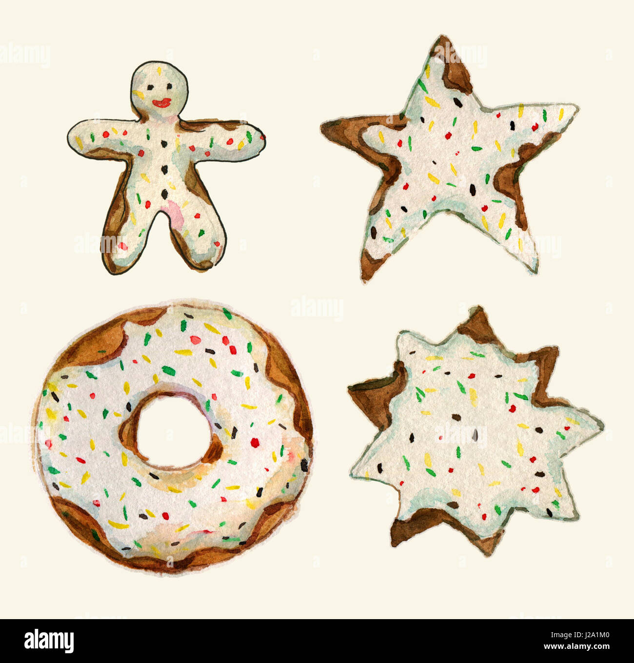 Set di torte raccolta. Torta di compleanno, torta star, gingerbread cookie, cioccolato ciambella. raccolta di acquerelli di aquarelle illustrazione - isolati su Foto Stock