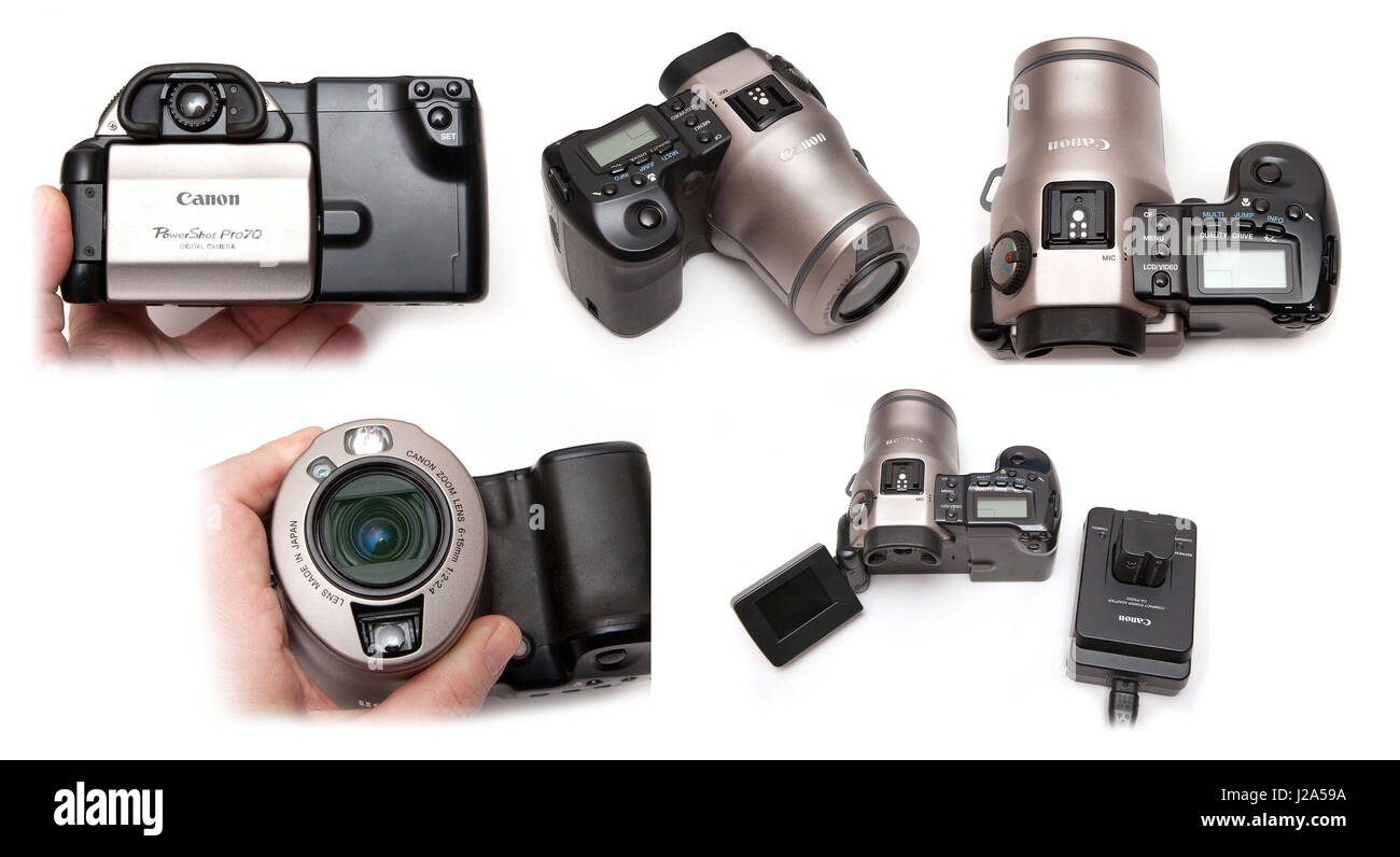 Canon PowerShot Pro70 fotocamera digitale, compilazione di opinioni, sfondo bianco Foto Stock