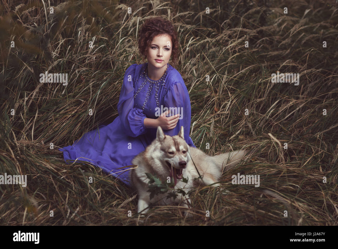 Il curly-intitolata ragazza vestita di un bel vestito giace un cane huskies nelle vicinanze. Foto Stock