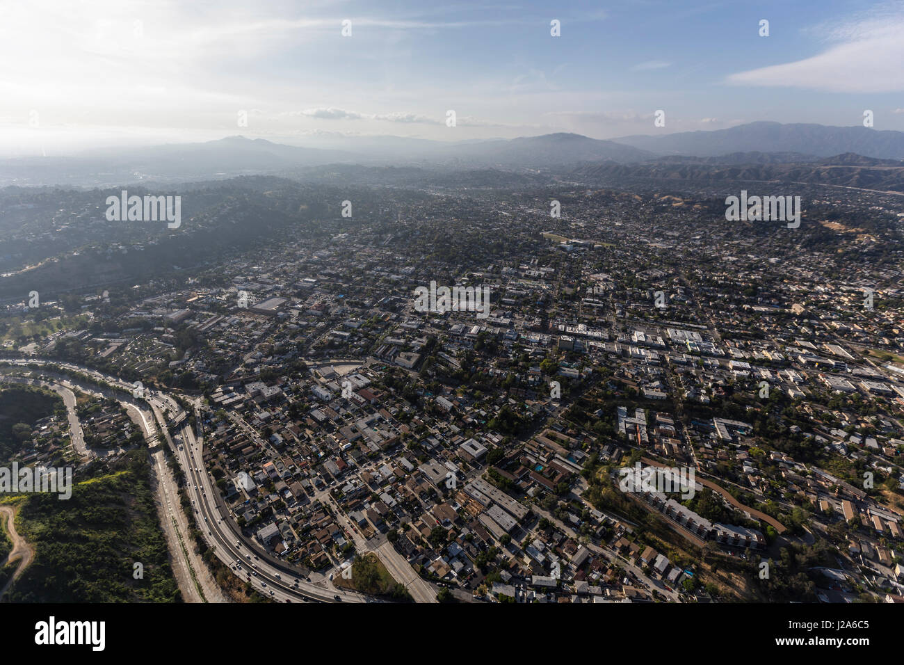 Vista aerea del quartiere di Highland Park nella zona nord-est di Los Angeles in California. Foto Stock