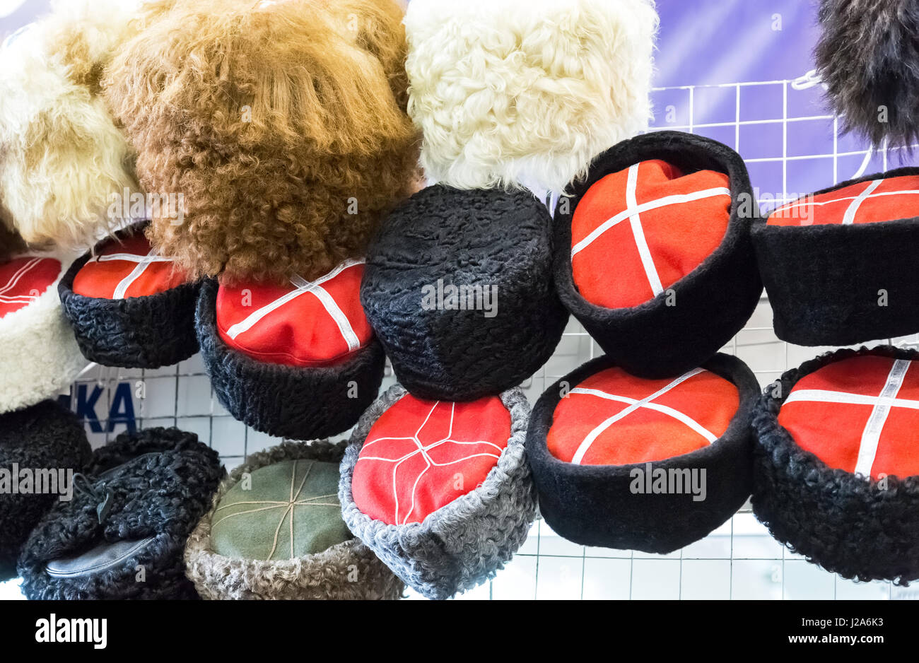Varie tradizionali cappelli cosacco fatta di pelliccia differenti Foto Stock