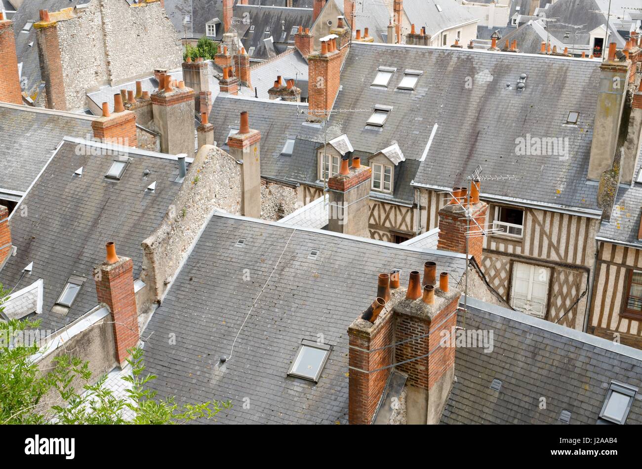 Forefront di tetti nella vecchia città di Blois, Valle della Loira, Francia Foto Stock