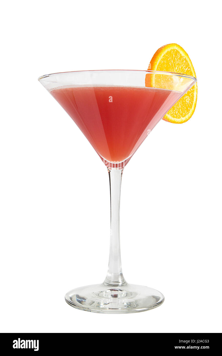 Signora nel cocktail di rosso su sfondo bianco Foto Stock