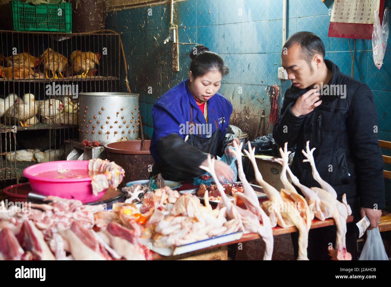 Cina, Yang Shou, città di mercato con cibo fresco Foto Stock