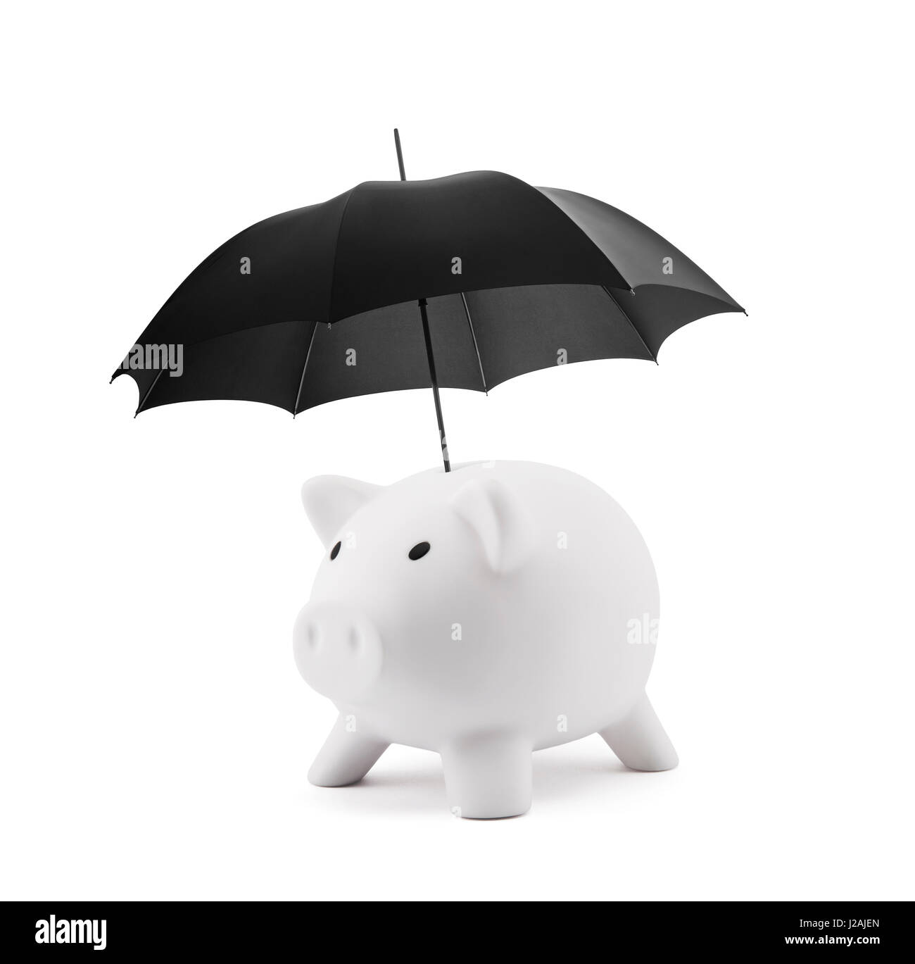 Assicurazione finanziaria. White salvadanaio con ombrellone Foto Stock