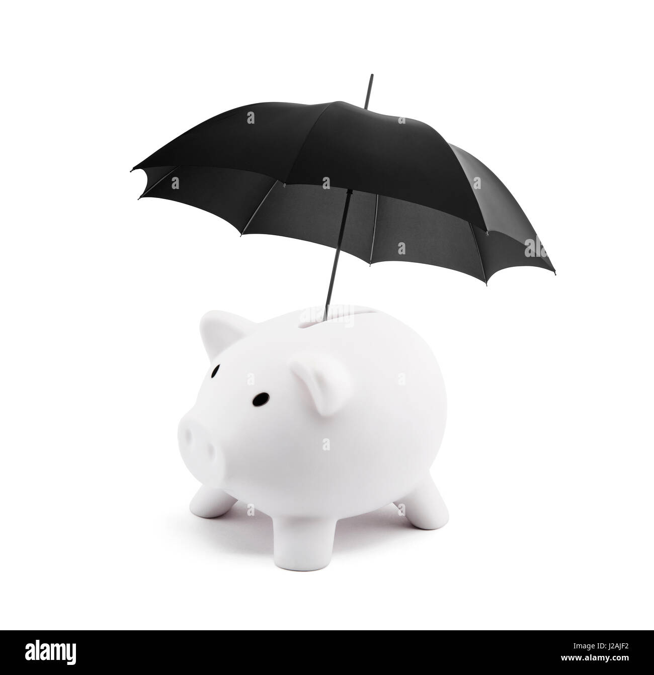 Assicurazione finanziaria. White salvadanaio con ombrellone Foto Stock