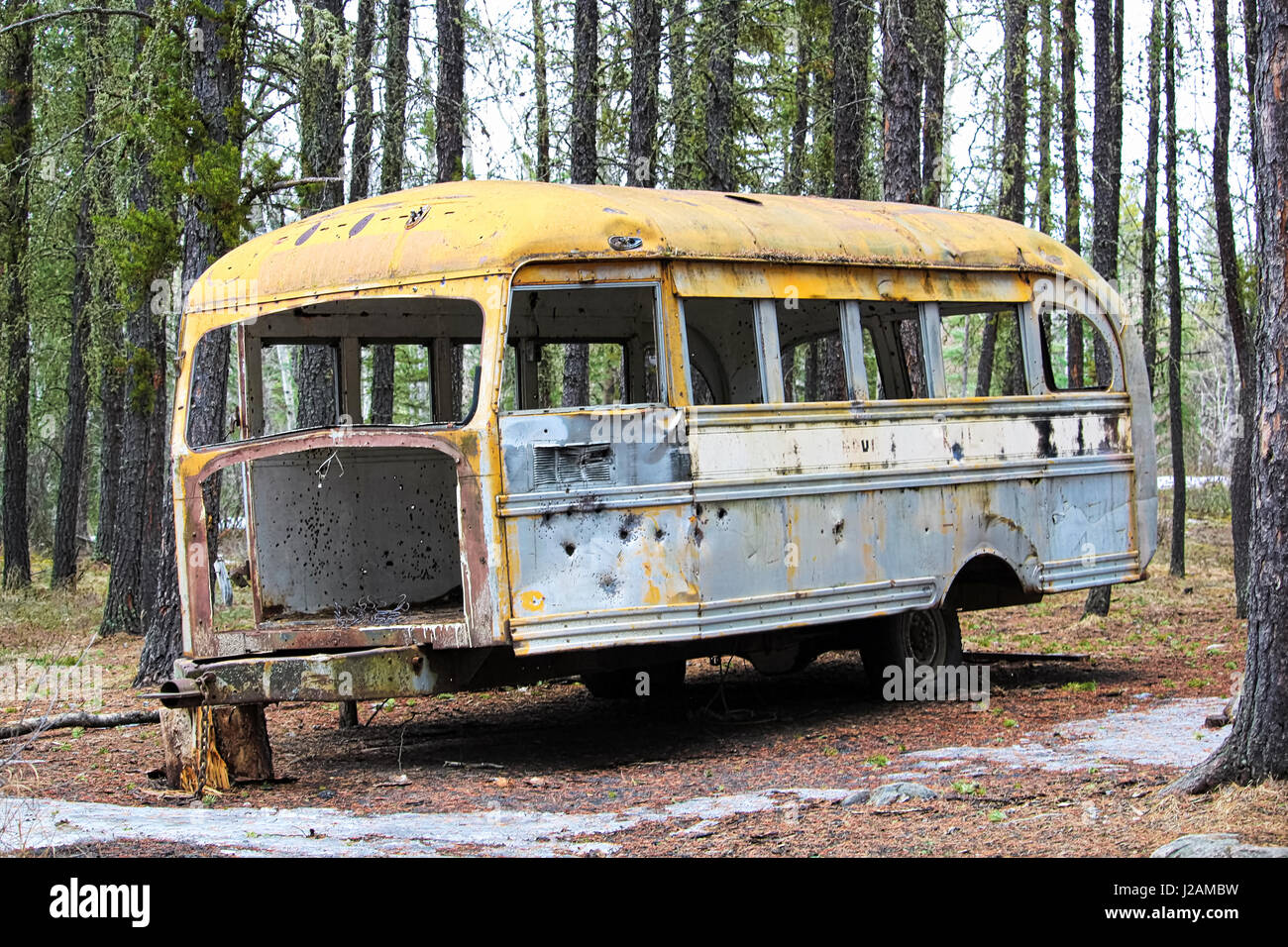 Spelato bus abbandonati a cacciatori camp su terra di corona. Foto Stock