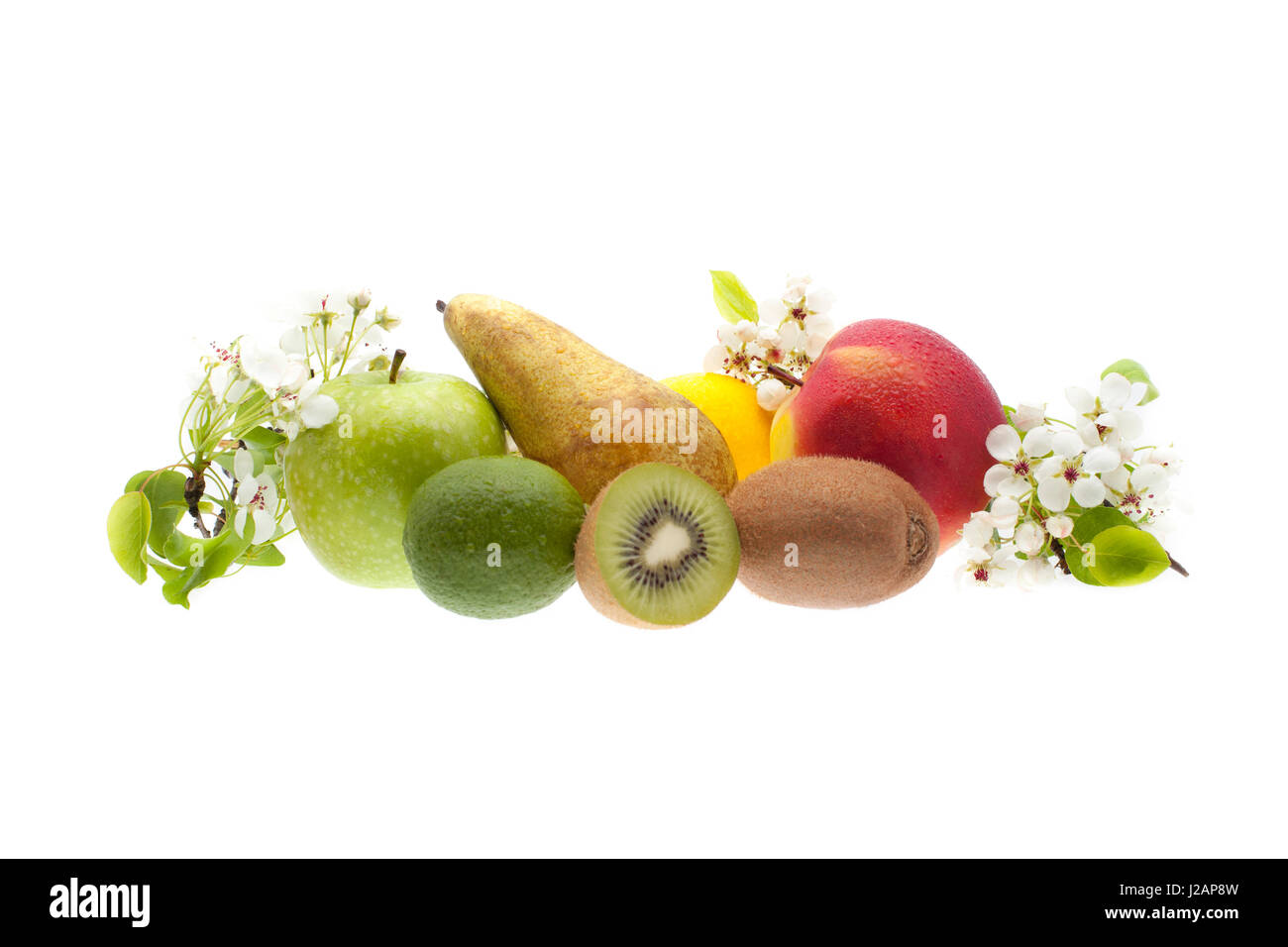 Regime di frutta fresca: mele, pere, kiwi, limone, limonka. Rametto di l'odore di melo... Foto Stock