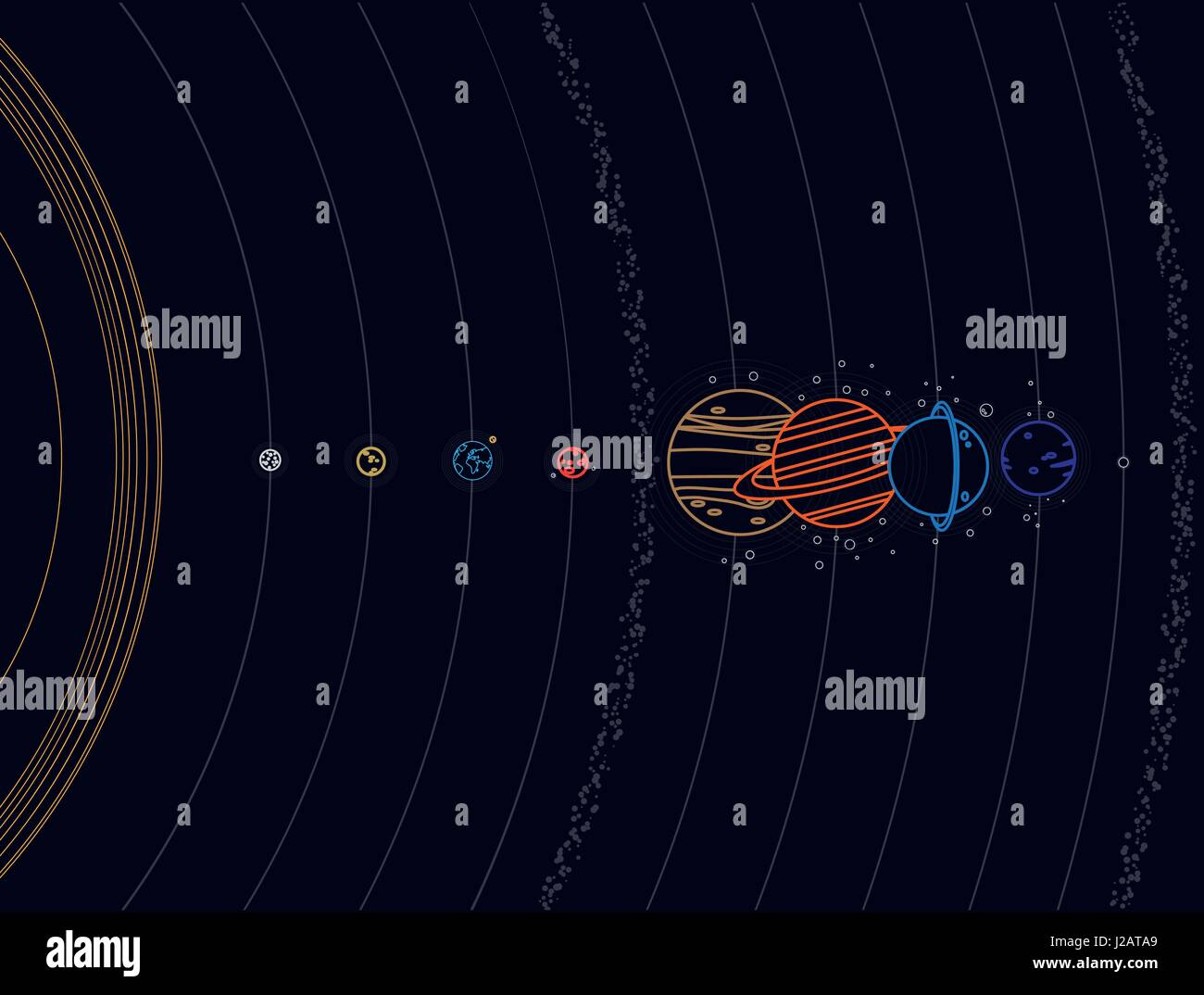 Sistema solare - pianeti, la cometa, satellite dei pianeti illustrazione piatta con dimensioni comparative Illustrazione Vettoriale