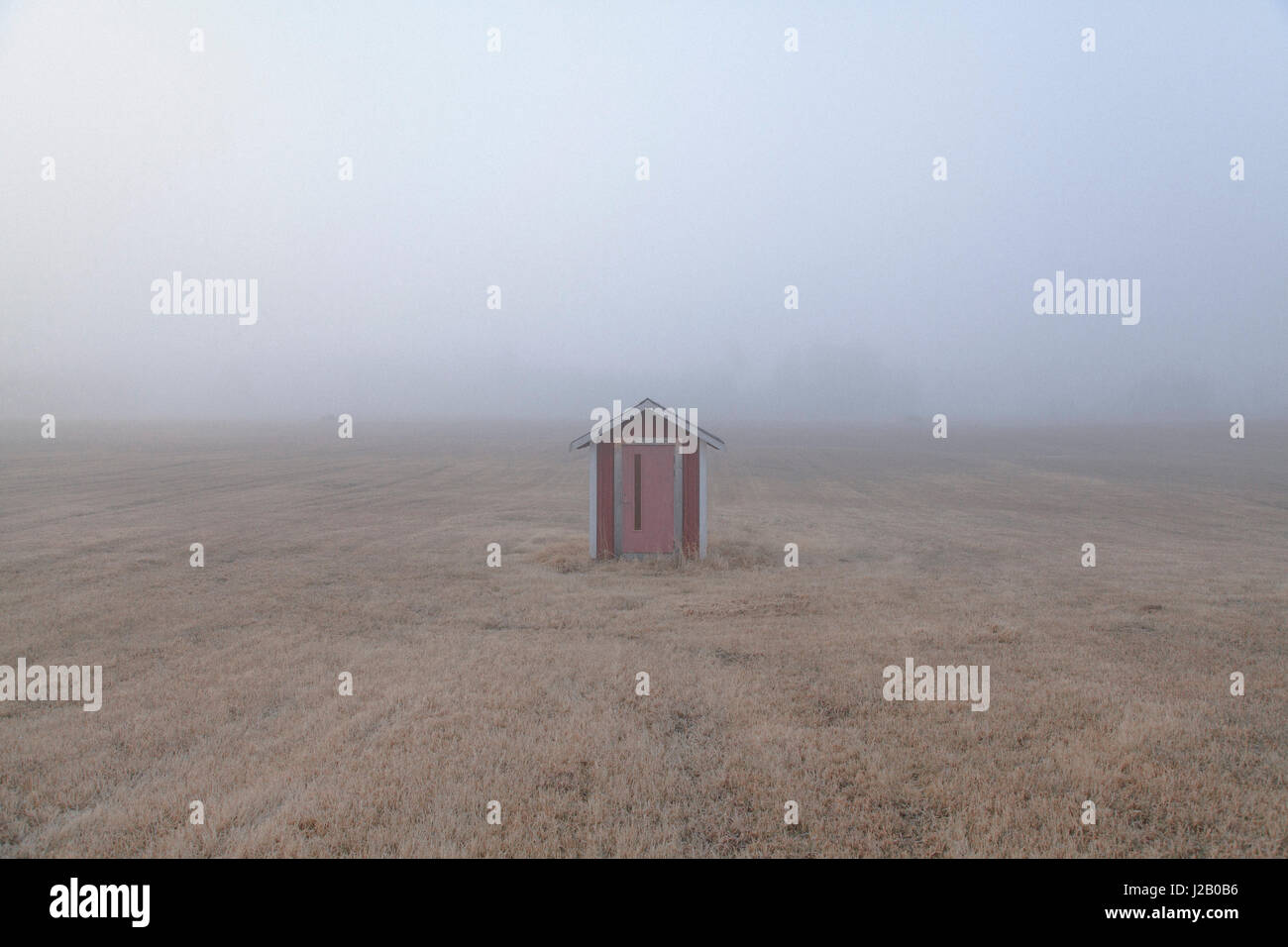 Capanna in campo su nebbioso giorno Foto Stock