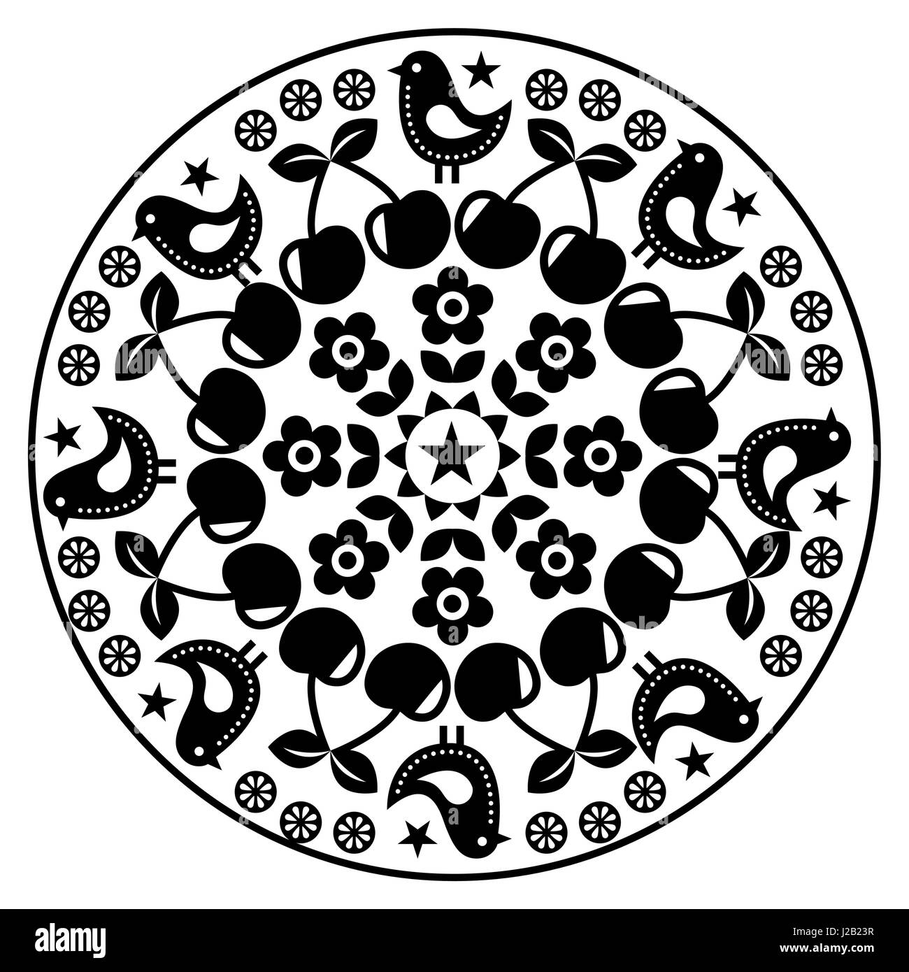 Il finlandese ha ispirato round arte popolare del modello - nero design scandinavo, stile nordico Illustrazione Vettoriale