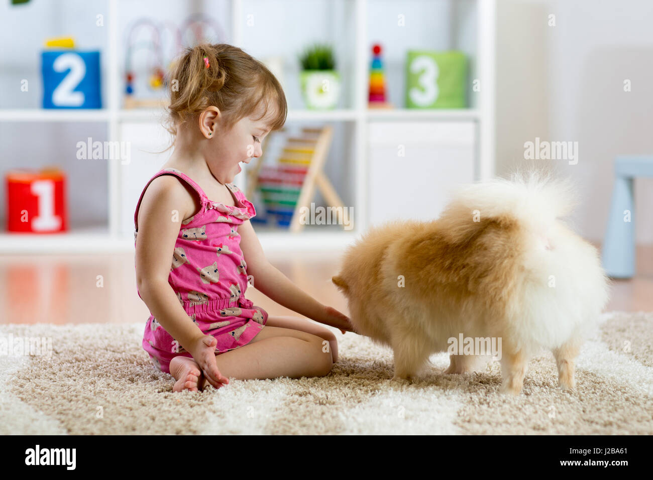 Carino kid ragazza seduta sul pavimento con il suo cane Foto Stock
