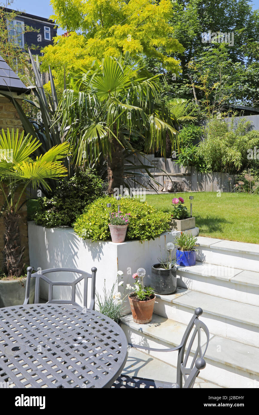 Si abbassa decorativo in vasi di stand sul patio passi in una Londra sud garden, REGNO UNITO Foto Stock