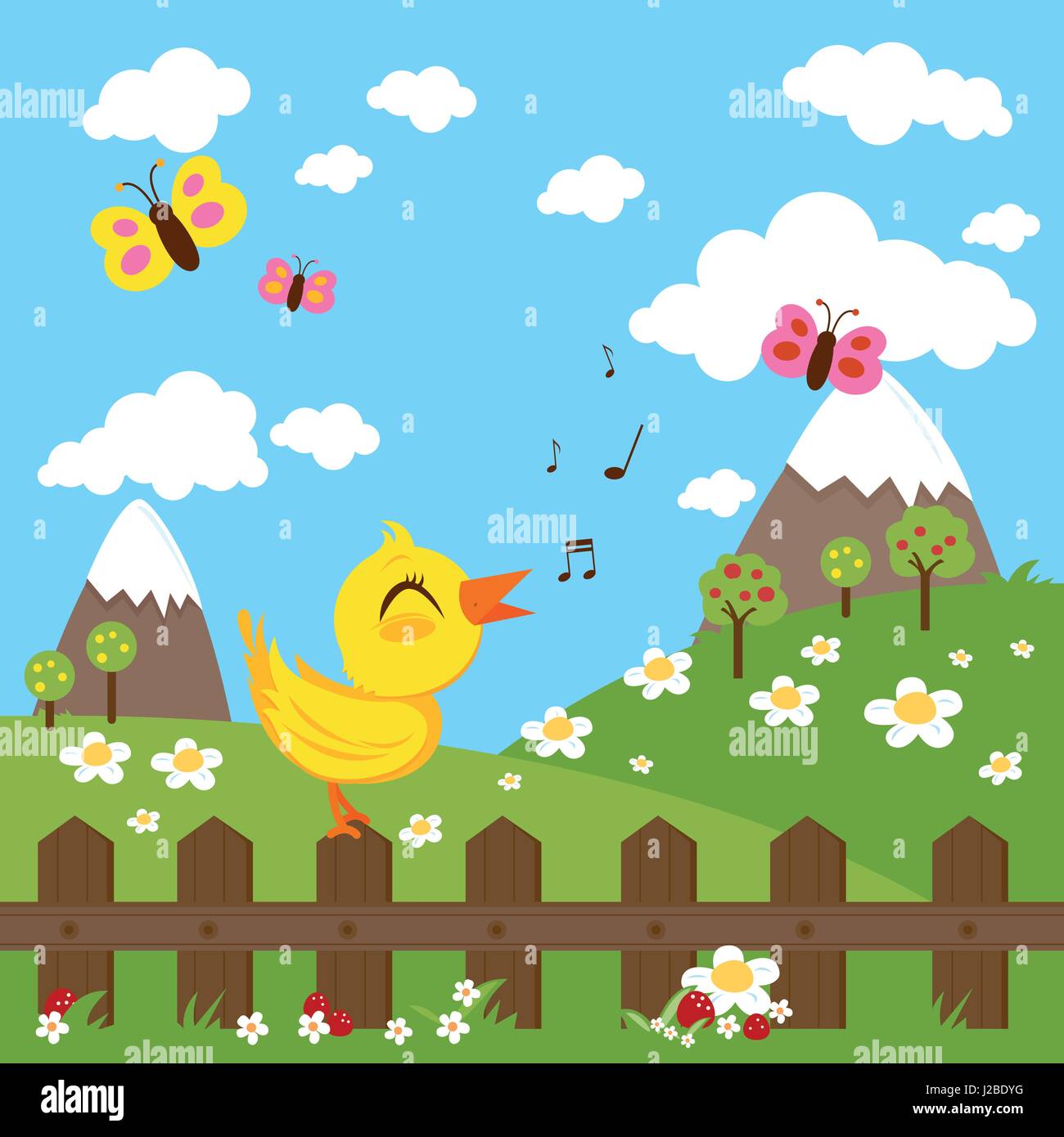 Uccello seduto su una recinzione e cantando in campagna. Grazioso paesaggio primaverile con fiori e farfalle. Illustrazione vettoriale Illustrazione Vettoriale