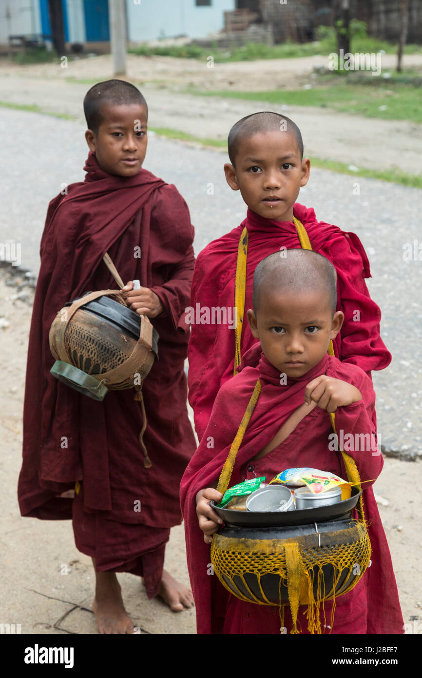 Myanmar. Giovani monaci a piedi per prendere il loro cibo di mattina. Foto Stock