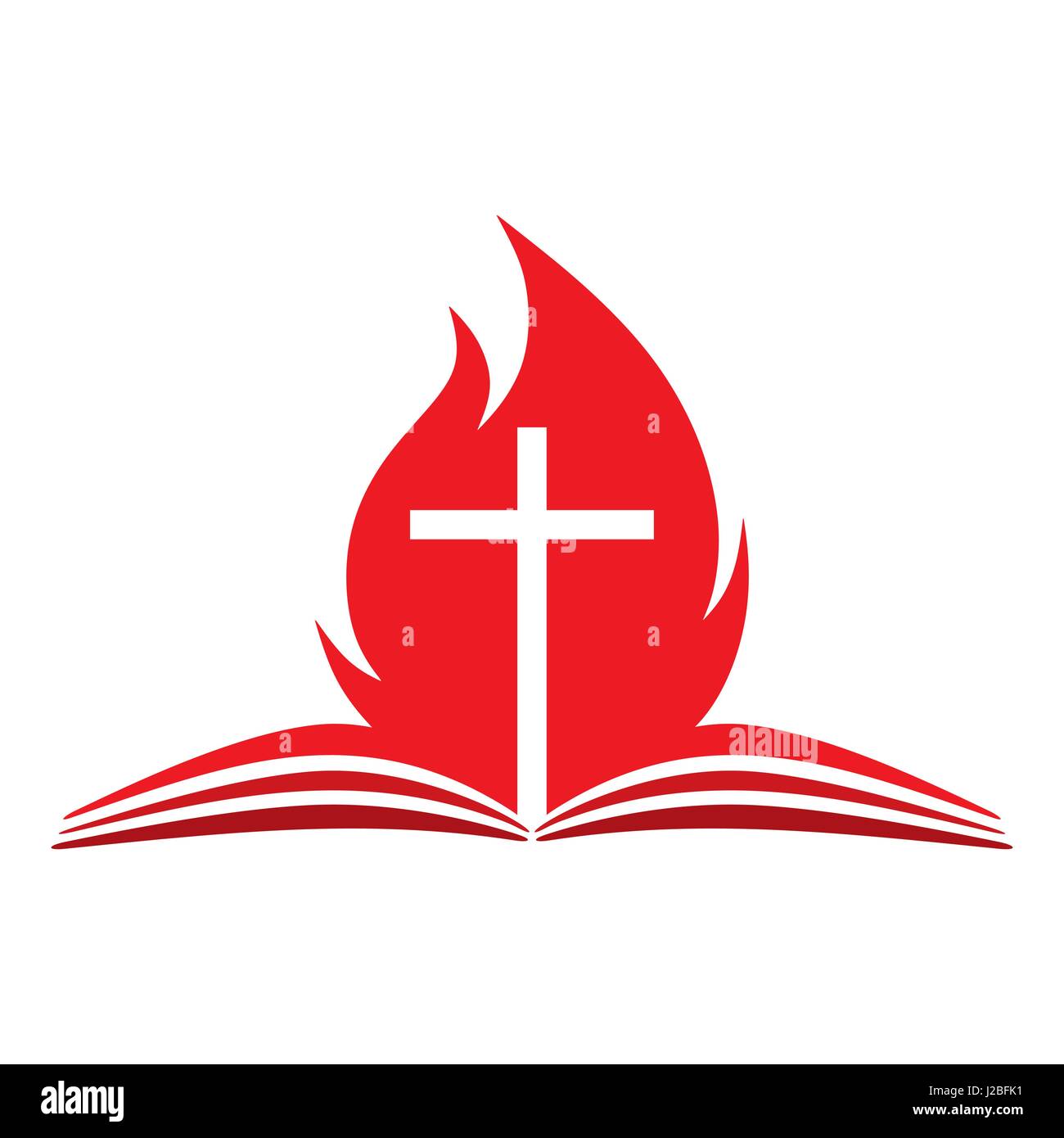 Logo della chiesa. Aprire la Bibbia, croce e fuoco Illustrazione Vettoriale