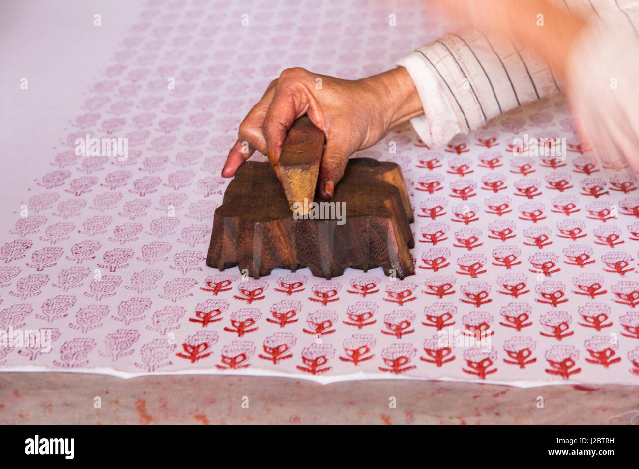 India Rajasthan, Jaipur, stampata stampa rendendo sui bulloni di tessuto di cotone. Foto Stock