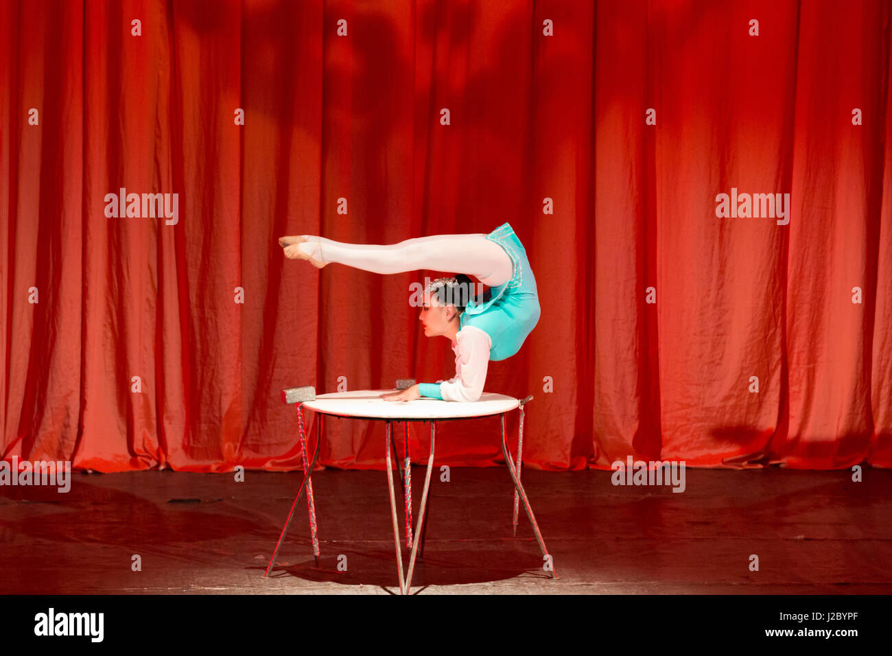 Asia, Mongolia, Ulaanbaatar, mongola nazionale di canti e danze Ensemble accademico. Contortionist. (Solo uso editoriale) Foto Stock