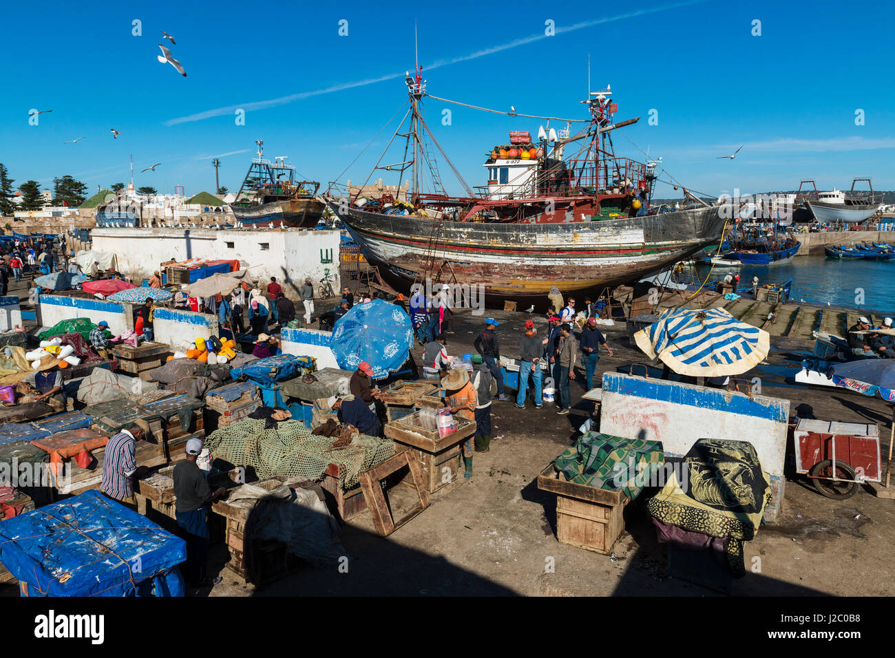 Essaouira, Marocco - 15 Aprile 2015: Persone nel porto di pesca della Medina di Essaouira nella costa atlantica del Marocco, Africa settentrionale. Foto Stock