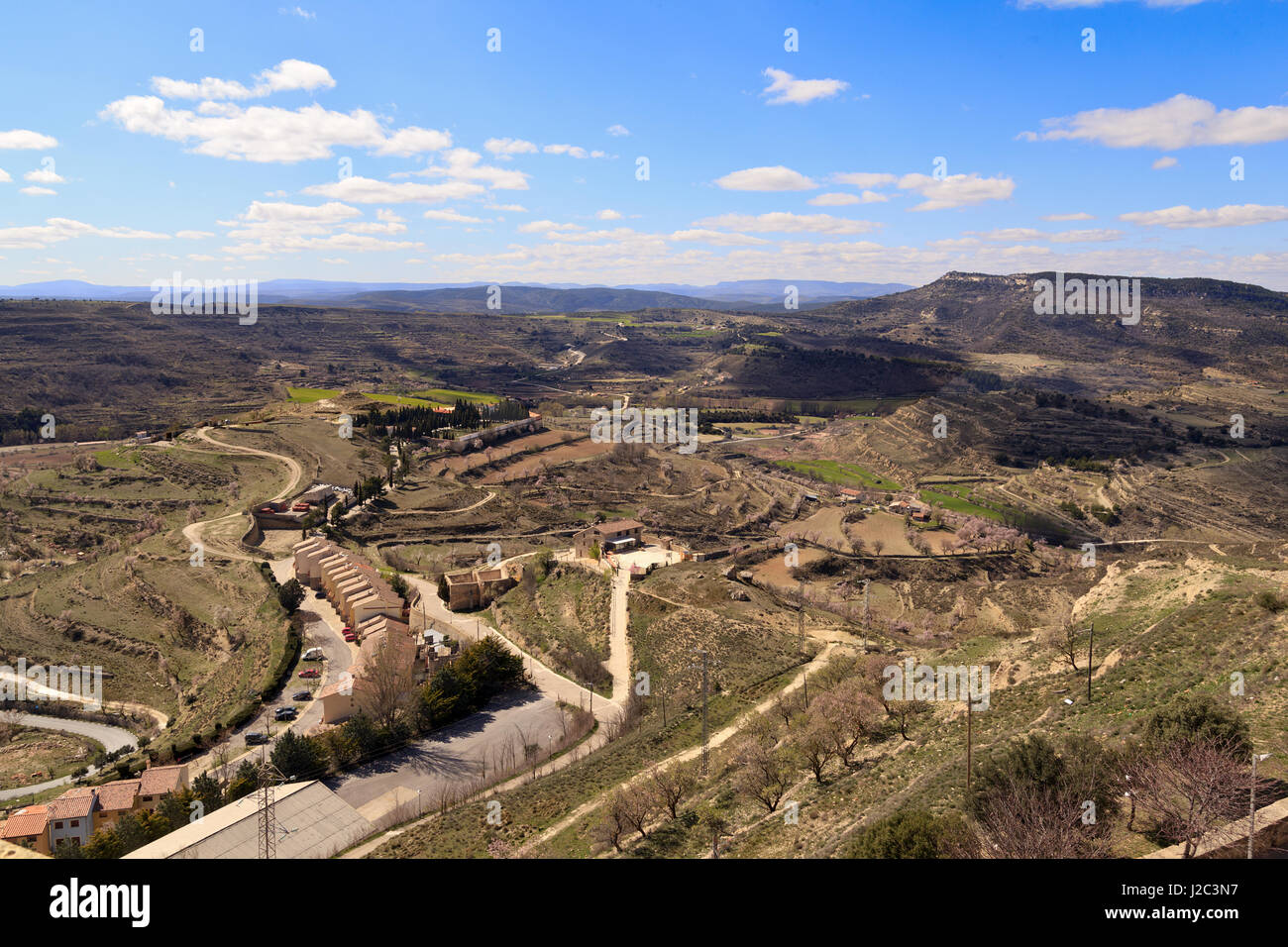 Vista dalle mura della città di Morella sulla vallata sottostante. Foto Stock