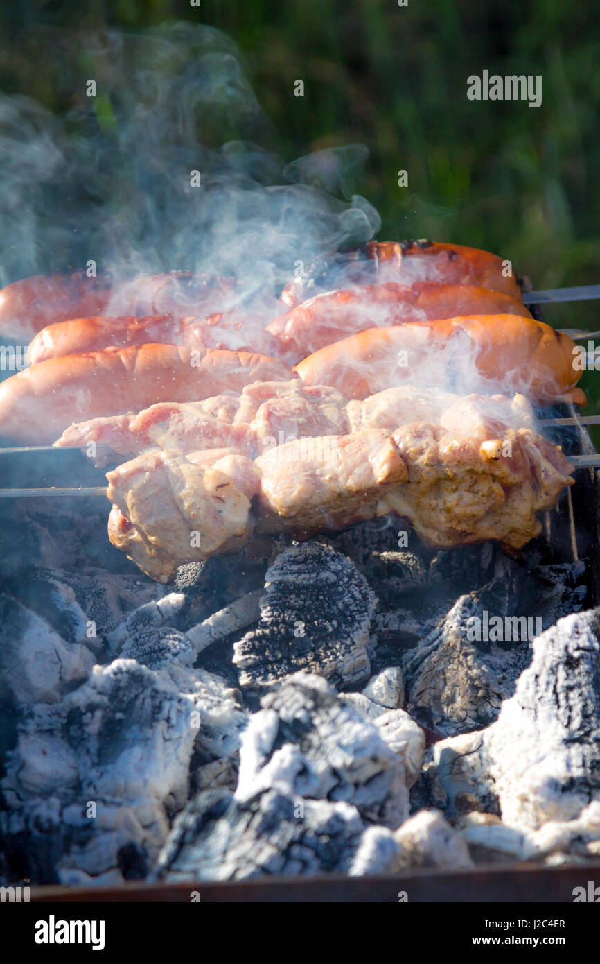 La frittura shish kebab e salsicce alla griglia sulla griglia sui carboni ardenti Foto Stock