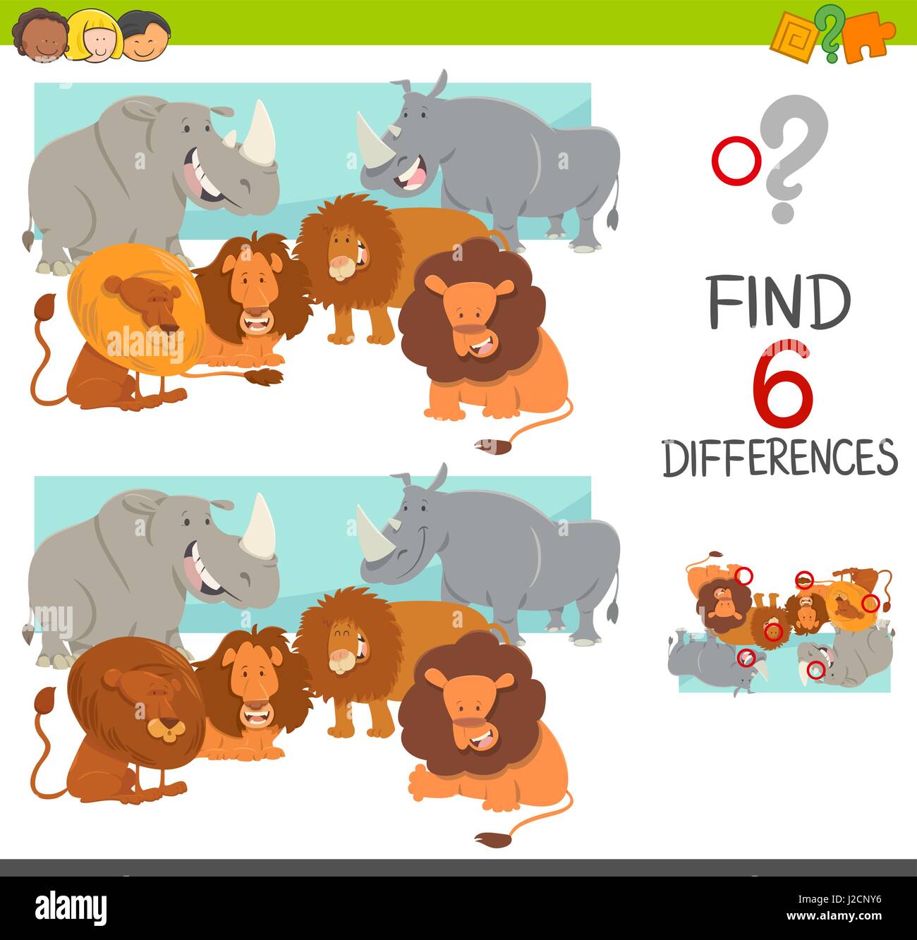 Cartoon illustrazione di Trova le differenze gioco educativo per i bambini con i Lions e i rinoceronti caratteri di origine animale Illustrazione Vettoriale