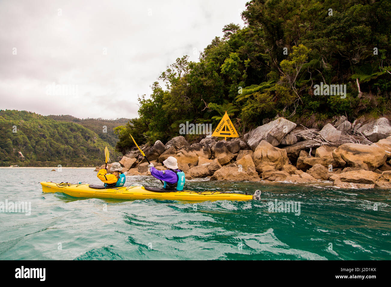 Kayakers esplorare una zona marina protetta nel Parco Nazionale di Abel Tasman, Isola del Sud, Nuova Zelanda Foto Stock