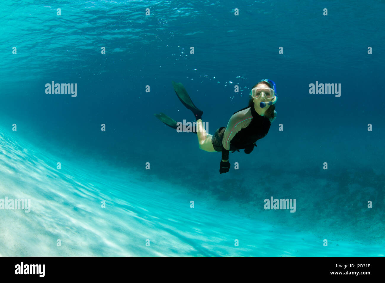 Una donna boccagli sotto la superficie in ultra-chiari e acque blu di Staniel Cay, Exuma, Bahamas Foto Stock