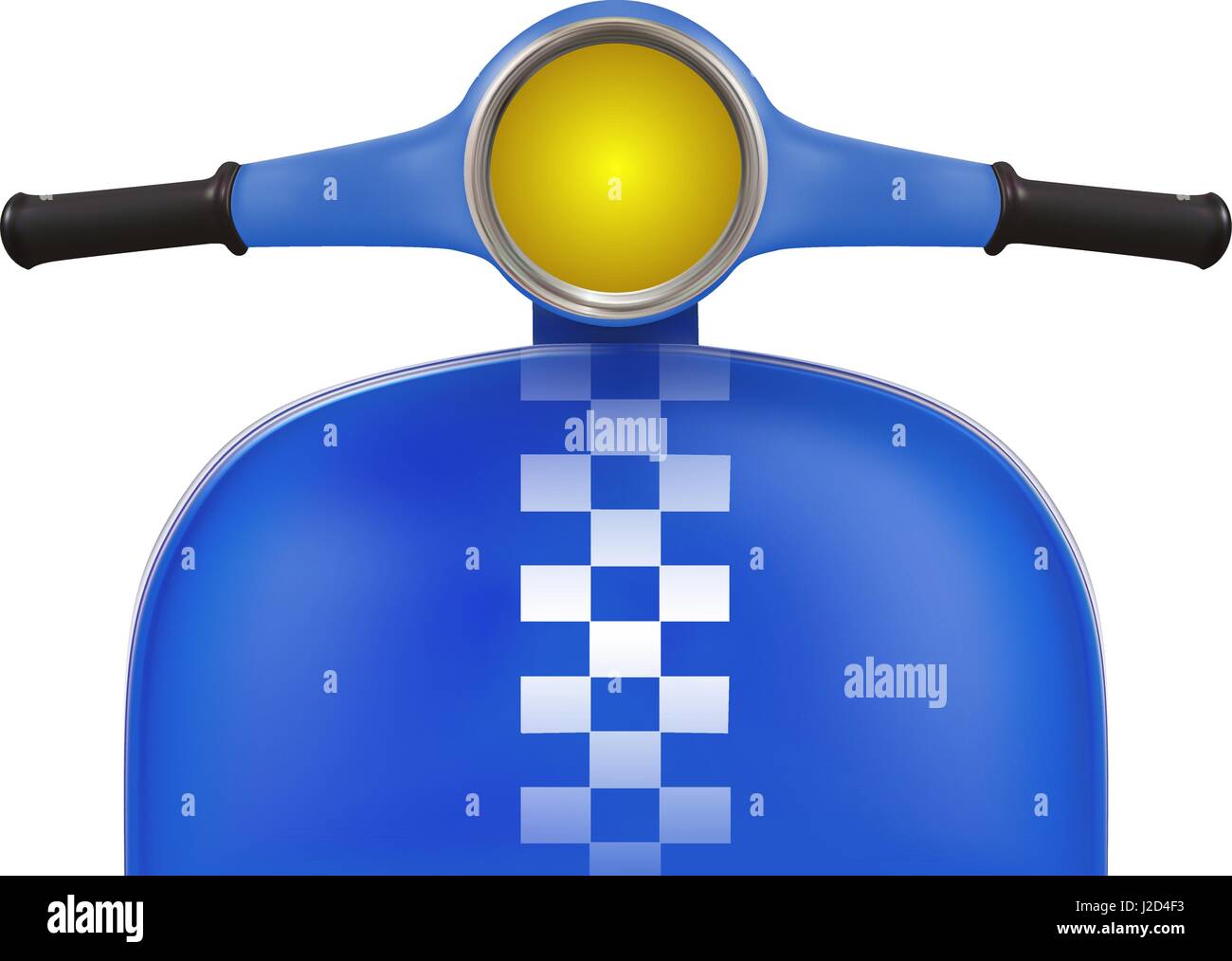 Blu scooter retrò con strisce bianche. Vista frontale Illustrazione Vettoriale